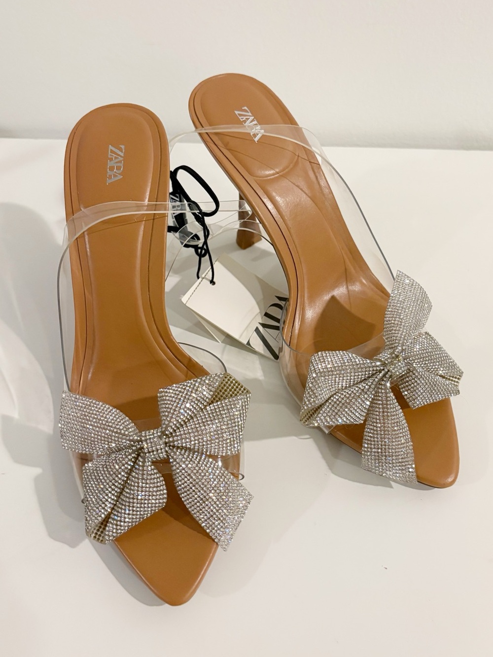 Zara || Bow Trim Heeled Vinyl Sandals Slingbacks Rhinestone Crystal Tan 39 NWT